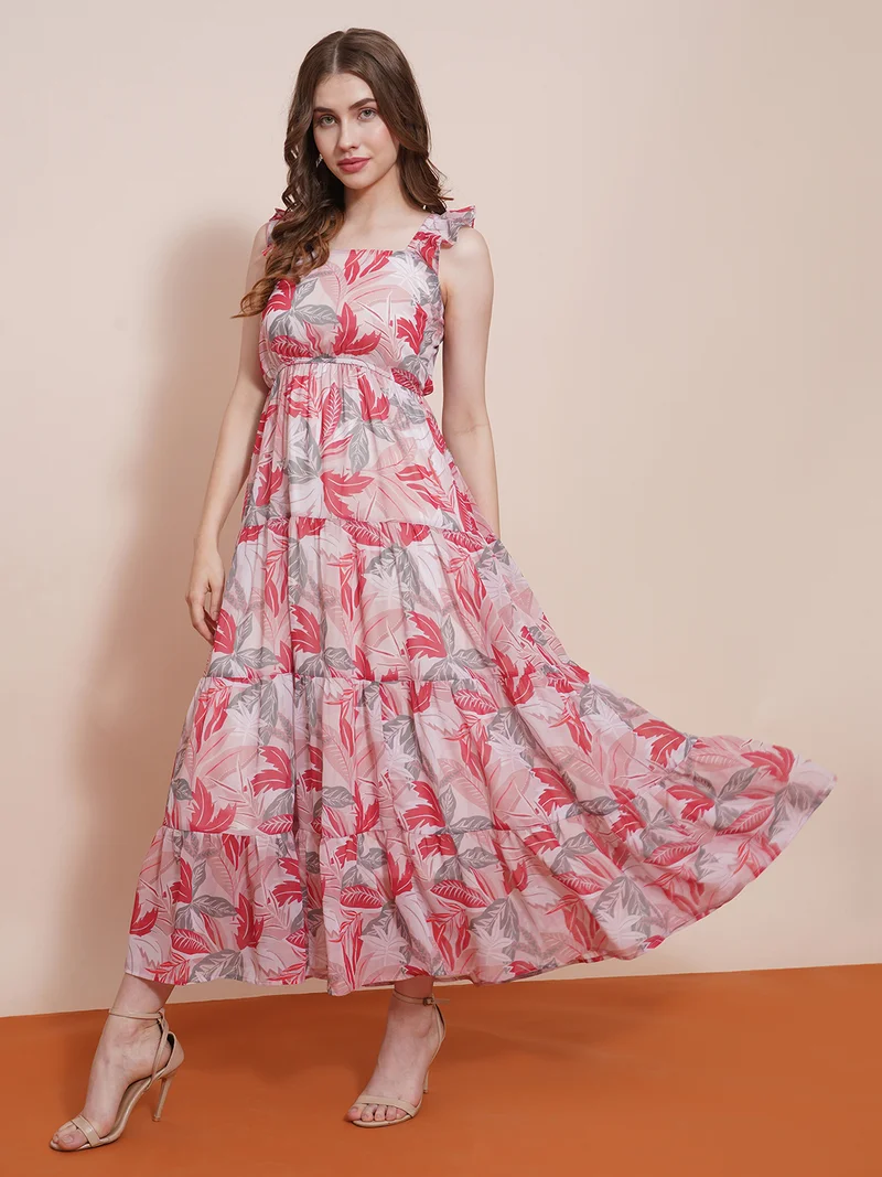 globus Women Square Neck Flutter Sleeves Tropical Printed Tiered Fit & Flare Maxi Dress