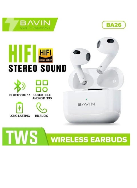 BAVIN BA26 TWS Wireless Earbuds Bluetooth5.1 White