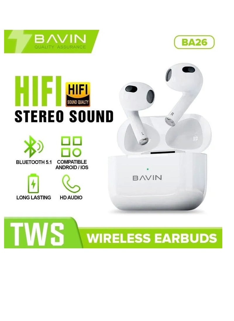BAVIN BA26 TWS Wireless Earbuds Bluetooth5.1 White