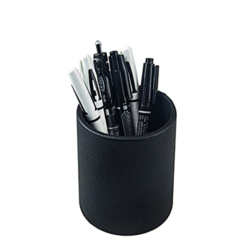 Fosinz Pen Pencil Holder Cup Container PU Leather Desk Organizer Stand Decor Brush Scissor Holder Decoration Office Desk Home School (3.3" x 3.3" x 4", Black) - Image 1