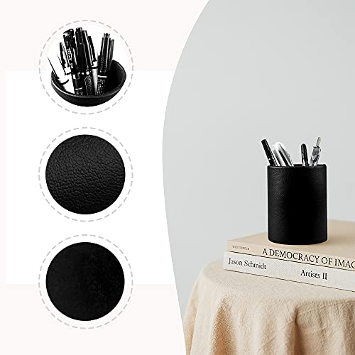Fosinz Pen Pencil Holder Cup Container PU Leather Desk Organizer Stand Decor Brush Scissor Holder Decoration Office Desk Home School (3.3" x 3.3" x 4", Black) - Image 2