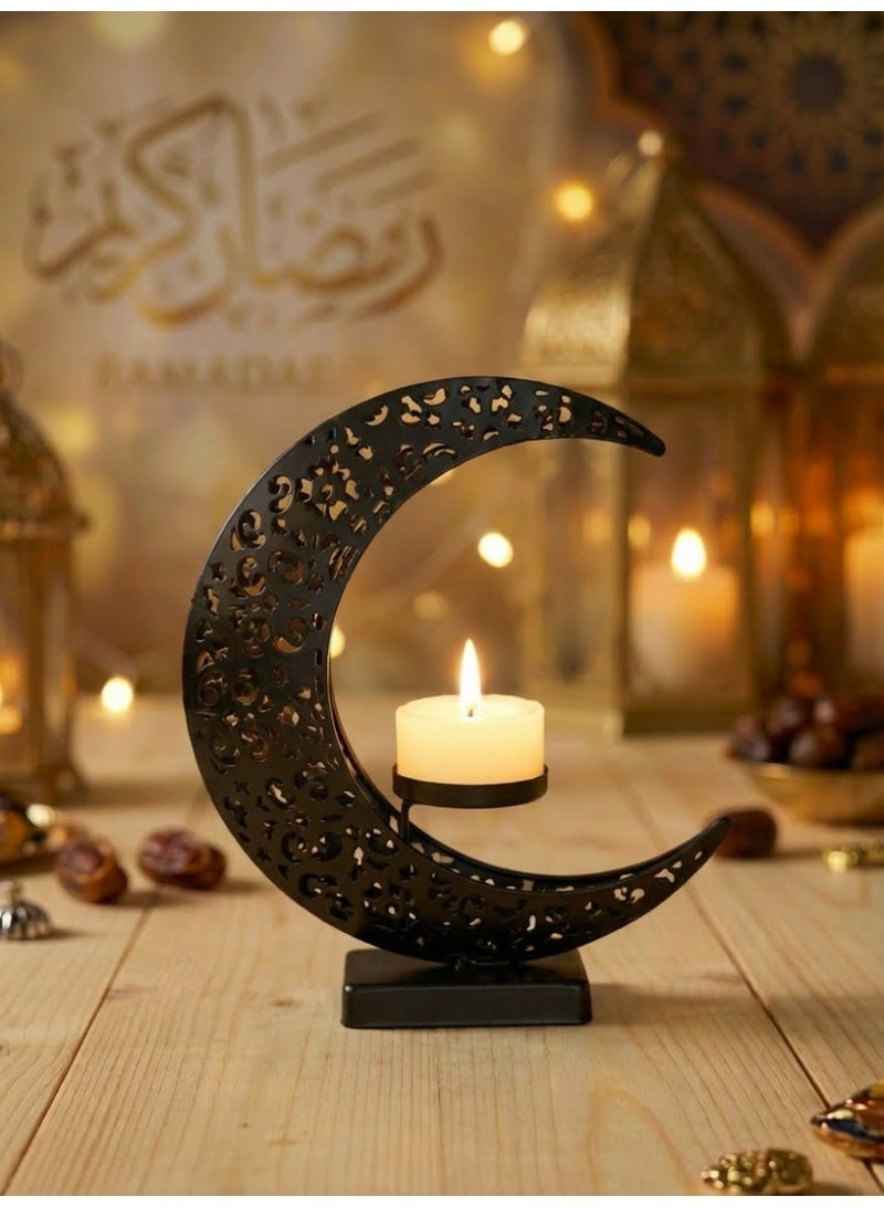 Ramadan Candle Holder, Elegant Metal Moon Shape Decorative Candlestick Holders, Ramadan Decorations  Black Candle Holder for Ramadan Party Wedding Table Centerpieces - Image 1
