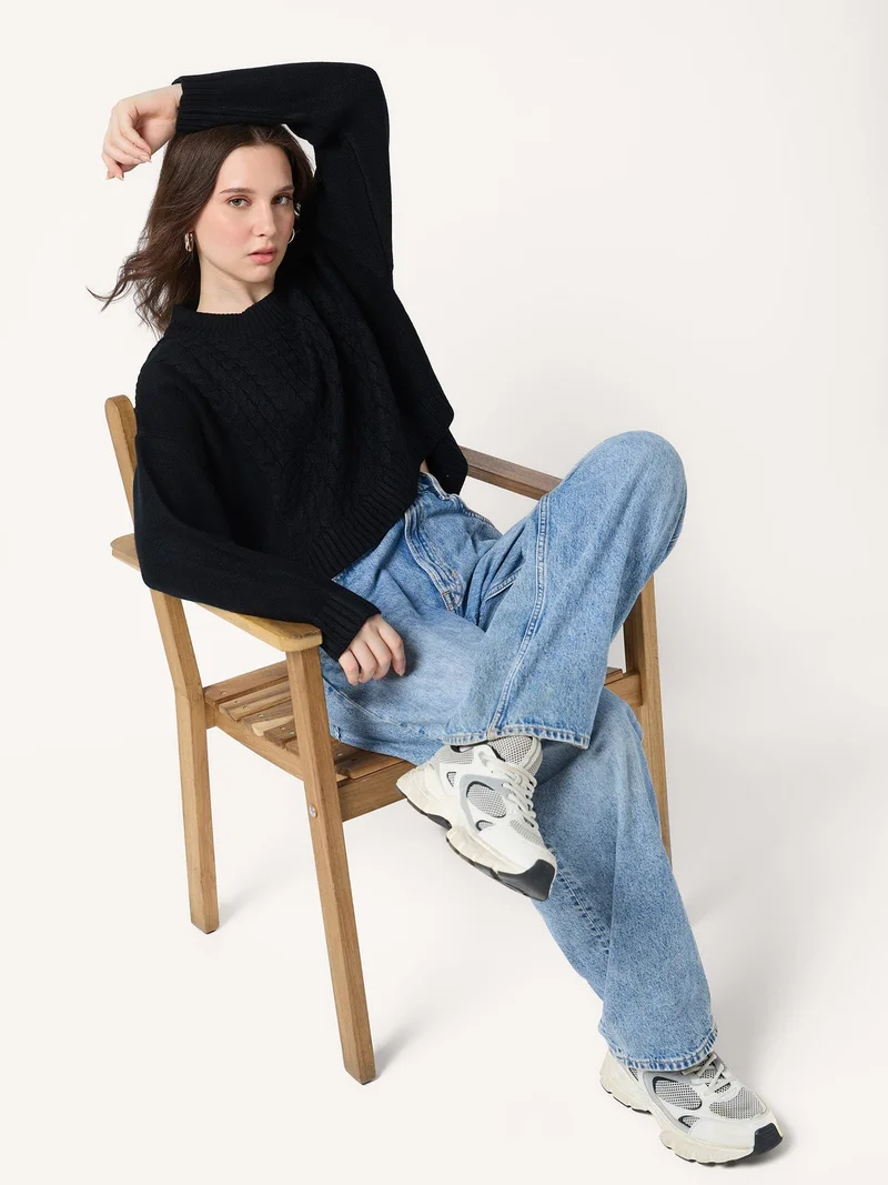 Outzidr  Black Chunky Cable Knit Sweater for Women | Best Price UAE