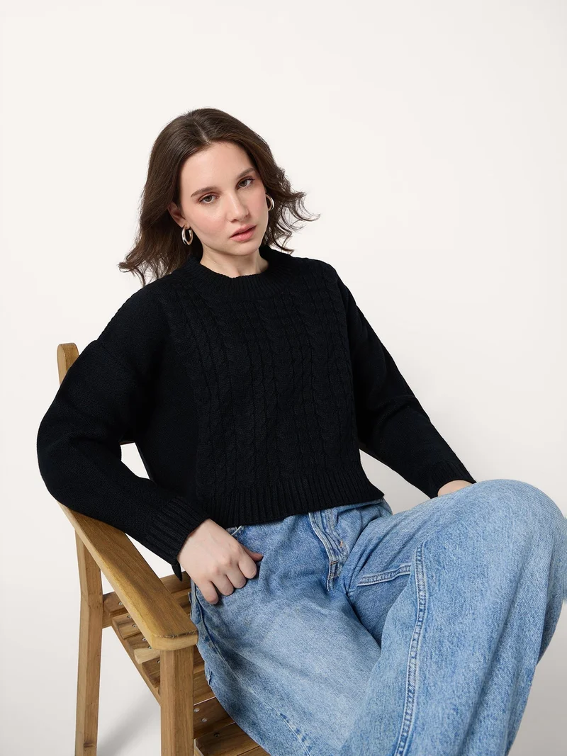 Outzidr  Black Chunky Cable Knit Sweater for Women | Best Price UAE