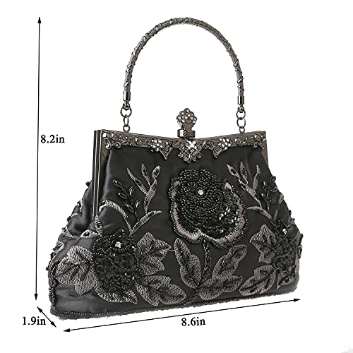 DA BODAN Womens Vintage Floral Beaded Rhinestone Embroidery Clutch Sequin Crossbody Bag Evening Handbag for Bridal Wedding Party Prom - Image 4