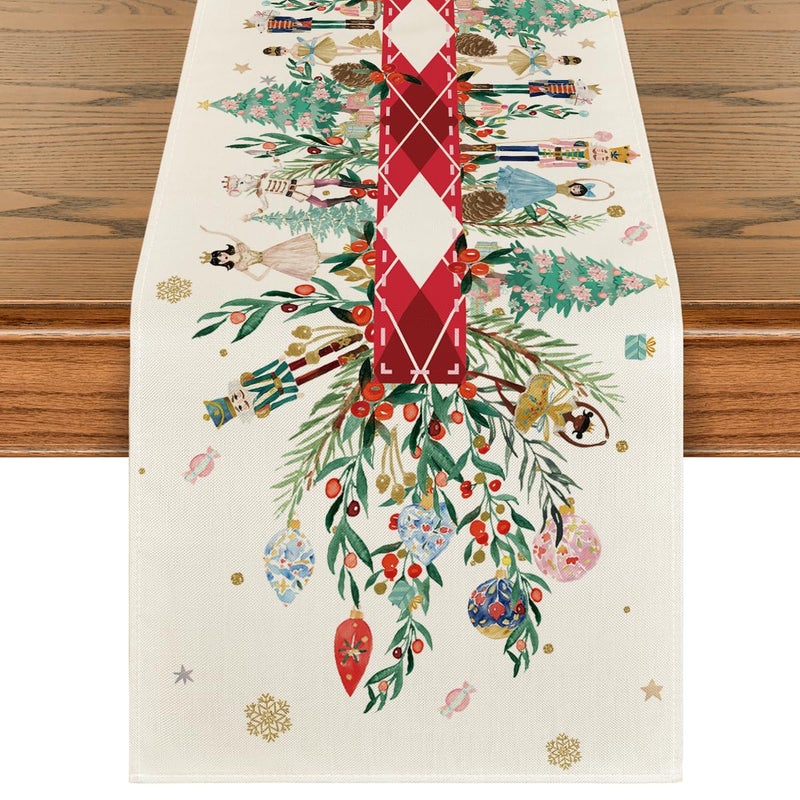 Artoid Mode Red Nutcracker Floral Holly Christmas Table Runner Seasonal Winter Kitchen Dining Table Decoration for Home Party Decor 13x90 Inch