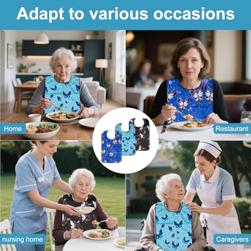 VOPHIA 3 Pack Adult Bibs for Women Washable Bib Reusable Waterproof Clothing Protector with Optional Crumb Catcher (Butterfly) - Image 4