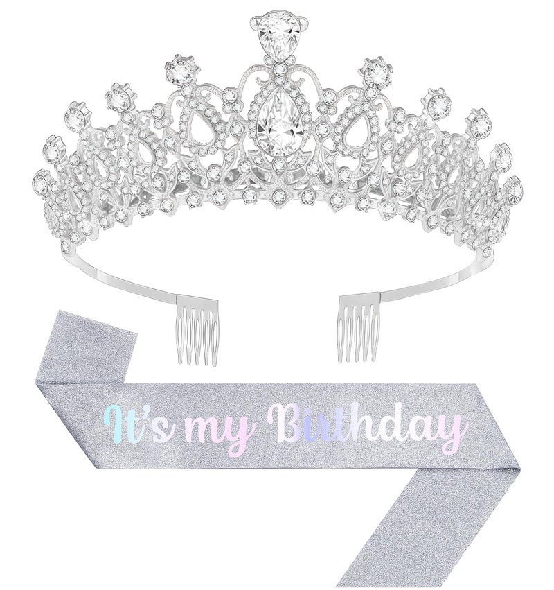 Papoopy Birthday Tiara and Crown with Sash, Birthday Tiara for Women Party (Silver) - Image 1