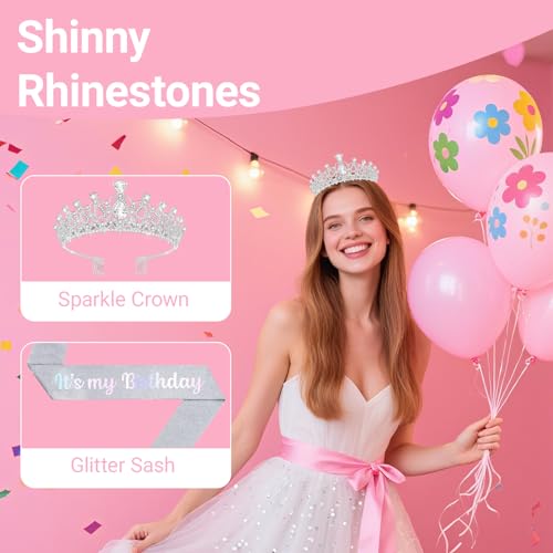 Papoopy Birthday Tiara and Crown with Sash, Birthday Tiara for Women Party (Silver) - Image 5