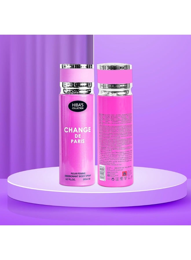 HIBA'S COLLECTION مجموعة هبة تغيير باريس - بخاخ مزيل العرق للجسم برائحة أنيقة مستوحاة من باريس للنساء، 6.7 أونصة سائلة / 200 مل - انتعاش طويل الأمد ورائحة مصقولة - Image 3