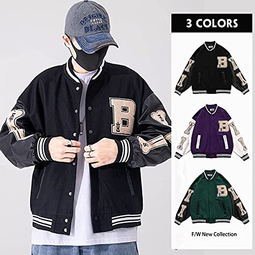 Moshtashio Mens Varsity College Jacket Baseball Bomber Jacket Vintage Sweatshirt Casual Unisex Streetwear Coats with Patch (Black, Medium) - Image 4