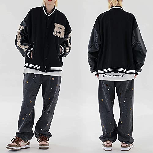 Moshtashio Mens Varsity College Jacket Baseball Bomber Jacket Vintage Sweatshirt Casual Unisex Streetwear Coats with Patch (Black, Medium) - Image 2