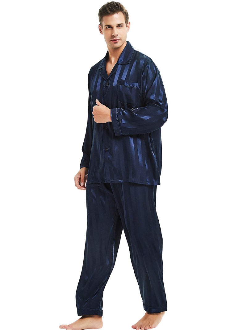 Lonxu Mens Silk Satin Pajamas Set Sleepwear Loungewear Navy Blue M - Image 5
