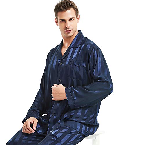Lonxu Mens Silk Satin Pajamas Set Sleepwear Loungewear Navy Blue M - Image 3