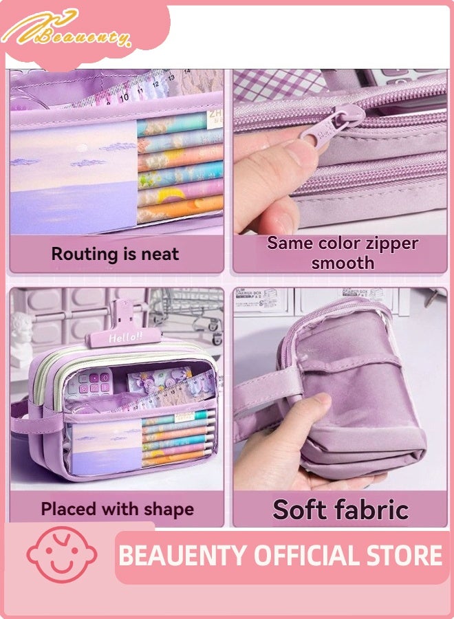 بيوينتي مجموعة هدية لوازم مدرسية لطيفة ، قضية قلم رصاص كبيرة السعة كيس قلم رصاص مع ملاحظات لاصقة مطبوعة لطيفة ، شارة كرتون ، ملصقات ، أقلام للطلاب - Image 3