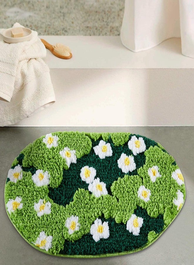 Ouyattle Cute Green Floral Bath Mat Microfiber Moss Bathroom Rug 16''W x 24''L Non Slip Washable, Modern Chic Boho Aesthetic Trendy Shaggy Bathroom Shower Floor Mat Absorbent - Image 2