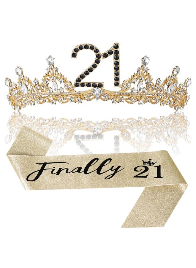 Uiorgui 21st Birthday Crown and Sash for Women, 21 Tiara, Black Gold 21st Birthday Decorations for Her 21 Year Old Gifts Party Favors for Girls - Image 1