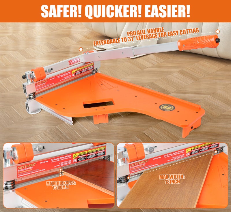 CUTTEREX 13" Pro.Floor Cutter-No Dust,No Noise,No Electricity. Multi-Angle Cuts for Laminate,Vinyl,Wood & More,Pro. ALU Long Leverage Handle,Longlife HSS Blade,Safe & Easy to Use! Orange & Wheeled - Image 5