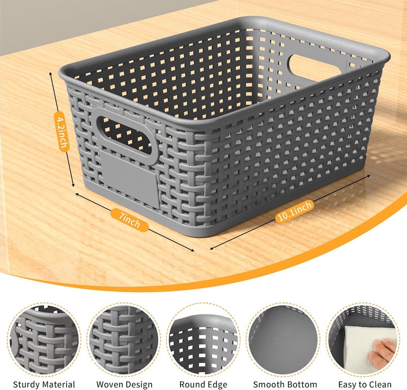 Wrrlors Gray Plastic Storage Baskets - Pack of 8 with Labels Stackable Durable Storage Bins, Storage Containers for Organizing Desks, Closets, Playrooms, Classrooms, Offices - Image 2