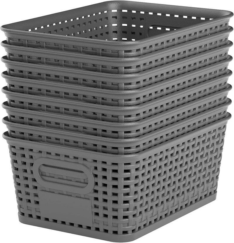 Wrrlors Gray Plastic Storage Baskets - Pack of 8 with Labels Stackable Durable Storage Bins, Storage Containers for Organizing Desks, Closets, Playrooms, Classrooms, Offices - Image 1