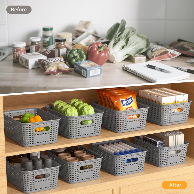 Wrrlors Gray Plastic Storage Baskets - Pack of 8 with Labels Stackable Durable Storage Bins, Storage Containers for Organizing Desks, Closets, Playrooms, Classrooms, Offices - Image 4