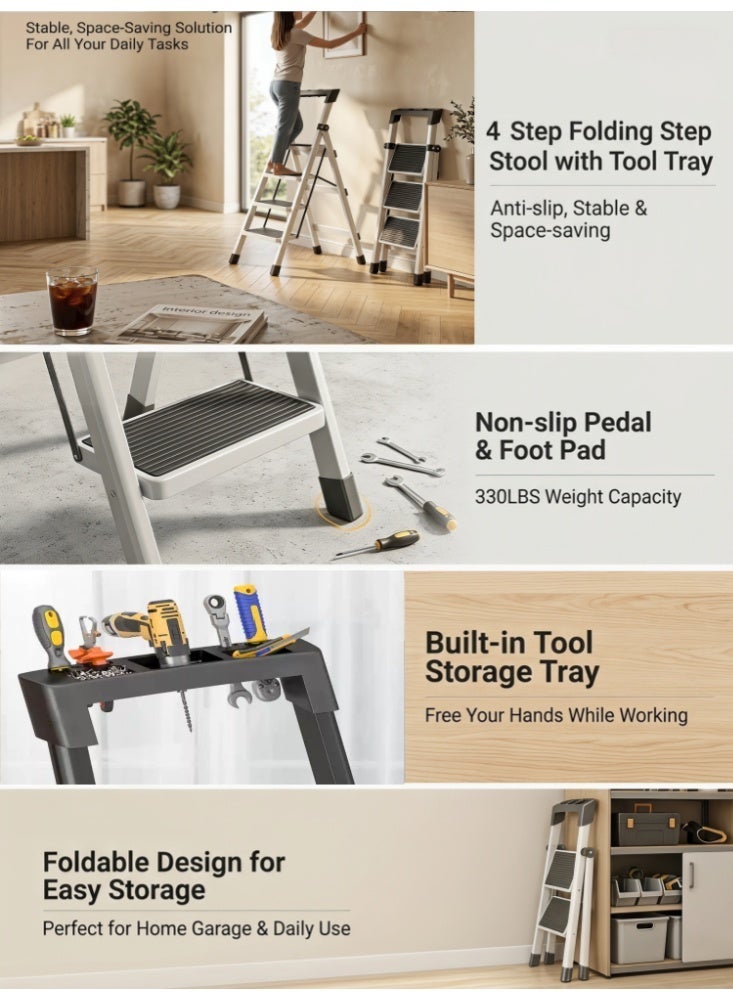 AURIZA 4‑Step Folding Ladder, Anti‑Slip Portable Home Ladder, Multi‑Purpose Indoor Step Stool for Home, Kitchen and Garage - Image 4