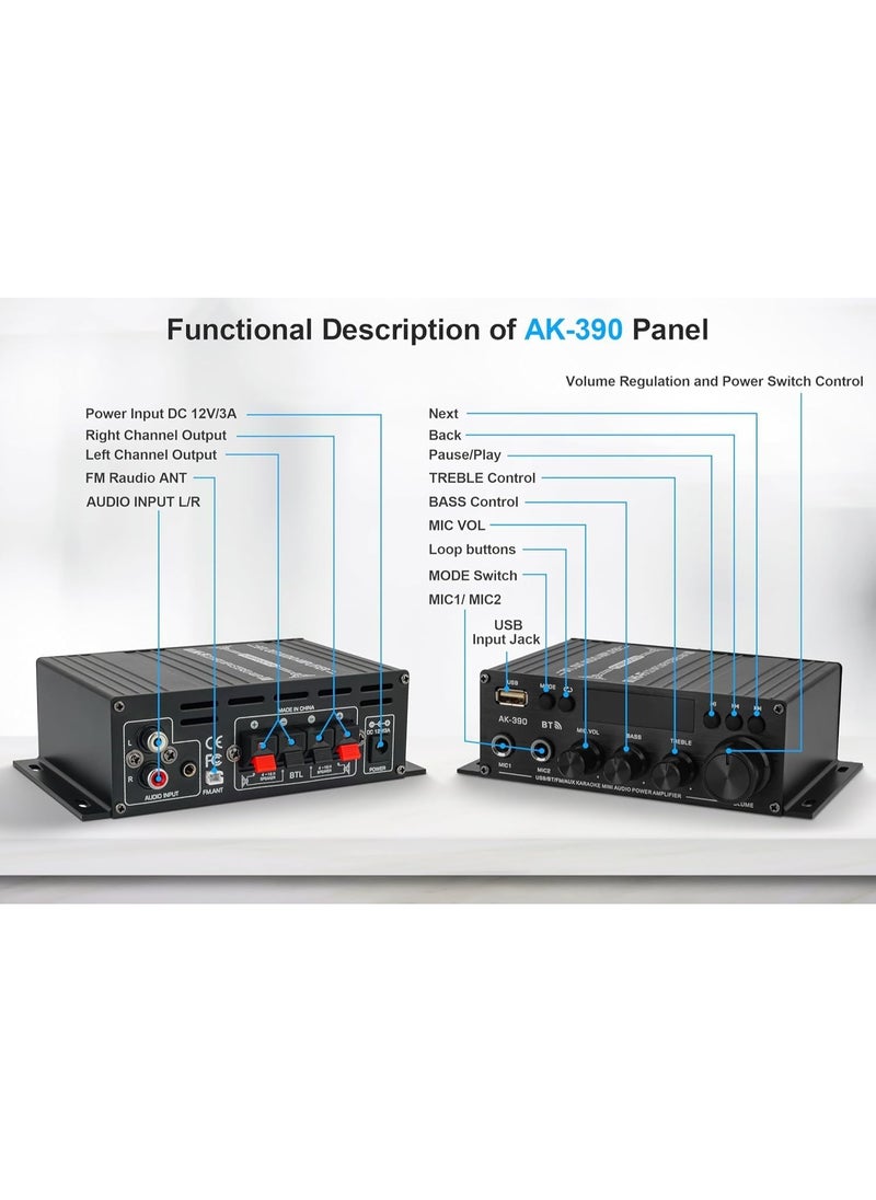 CENXI AK390 Stereo Audio Amplifie, 400Wx2 2Channel Wireless Bluetooth 5.0 HiFi Mini Power Amplifier Receiver with 12V/5A Adapter Remote Control, MIC USB AUX FM Input  - Image 2