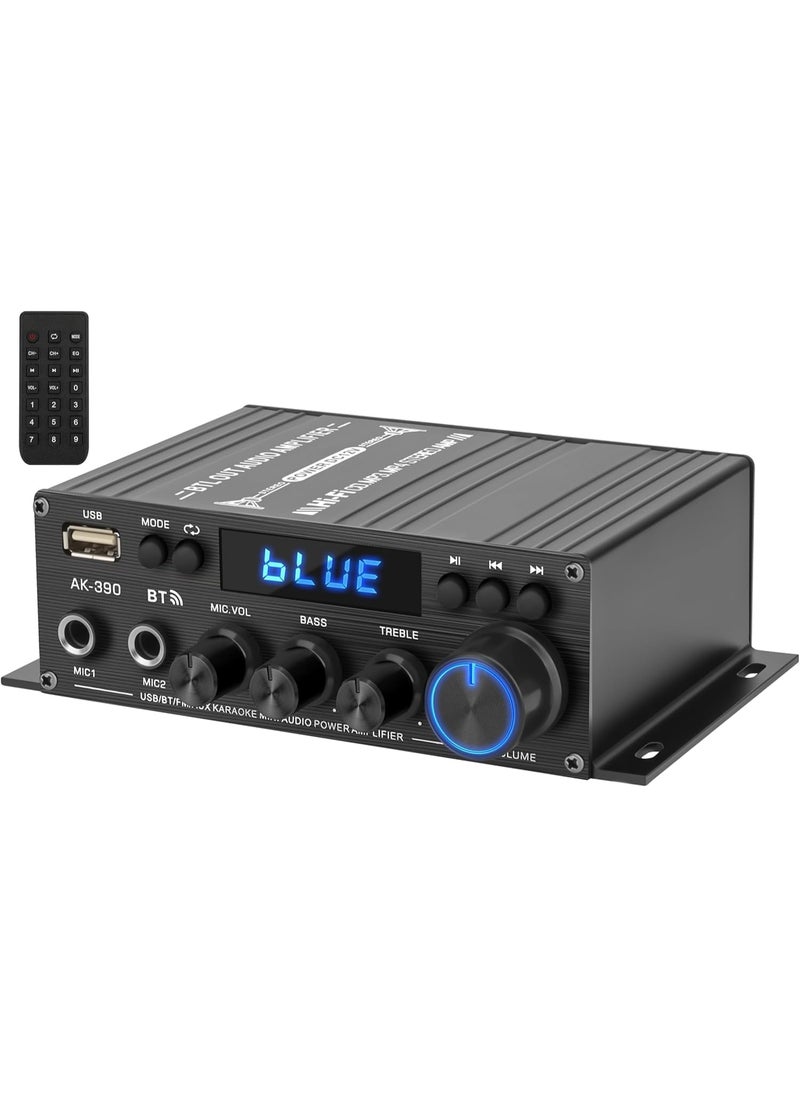 CENXI AK390 Stereo Audio Amplifie, 400Wx2 2Channel Wireless Bluetooth 5.0 HiFi Mini Power Amplifier Receiver with 12V/5A Adapter Remote Control, MIC USB AUX FM Input  - Image 1