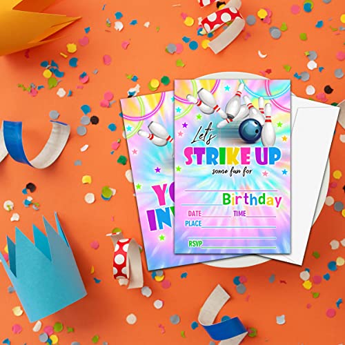NYCTUG Tie Dye Neon Bowling Birthday Party Invitation, Let's Strike Up! Colorful Invite Cards For Kids, Boys & Girls, 20 Double-Sided Fill-In Invitation With Envelopes，Party Favors And Supplies-D20 - Image 4