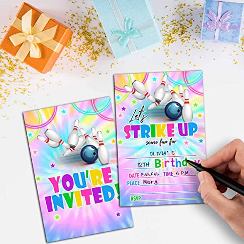NYCTUG Tie Dye Neon Bowling Birthday Party Invitation, Let's Strike Up! Colorful Invite Cards For Kids, Boys & Girls, 20 Double-Sided Fill-In Invitation With Envelopes，Party Favors And Supplies-D20 - Image 3