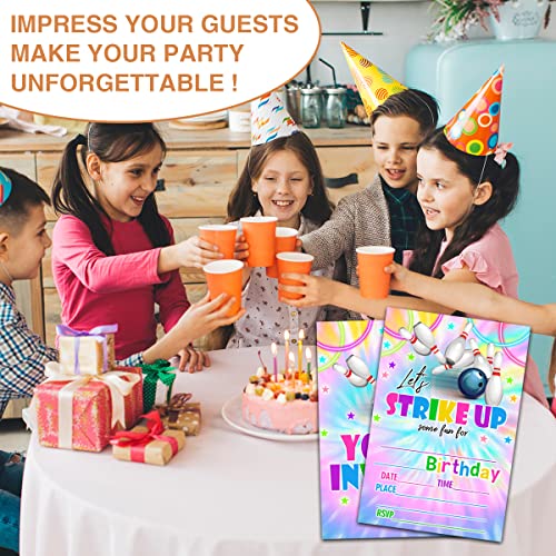NYCTUG Tie Dye Neon Bowling Birthday Party Invitation, Let's Strike Up! Colorful Invite Cards For Kids, Boys & Girls, 20 Double-Sided Fill-In Invitation With Envelopes，Party Favors And Supplies-D20 - Image 5