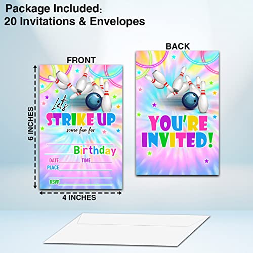 NYCTUG Tie Dye Neon Bowling Birthday Party Invitation, Let's Strike Up! Colorful Invite Cards For Kids, Boys & Girls, 20 Double-Sided Fill-In Invitation With Envelopes，Party Favors And Supplies-D20 - Image 2