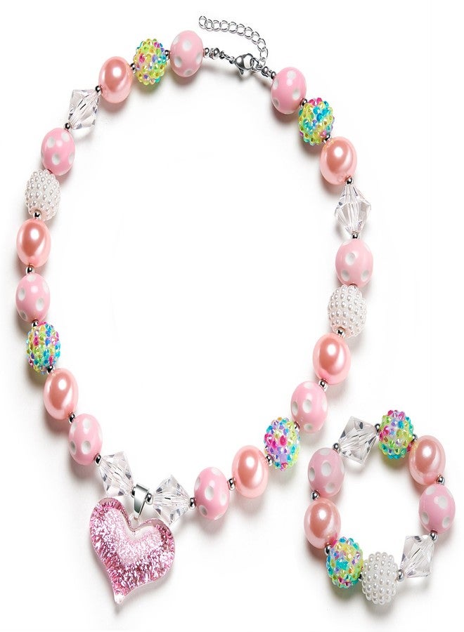 VCMART Girls Gilitter Heart Chunky Bubblegum Bead Necklace & Bracelet Set Fashion Jewelry Pendant with Gift Box - Image 1