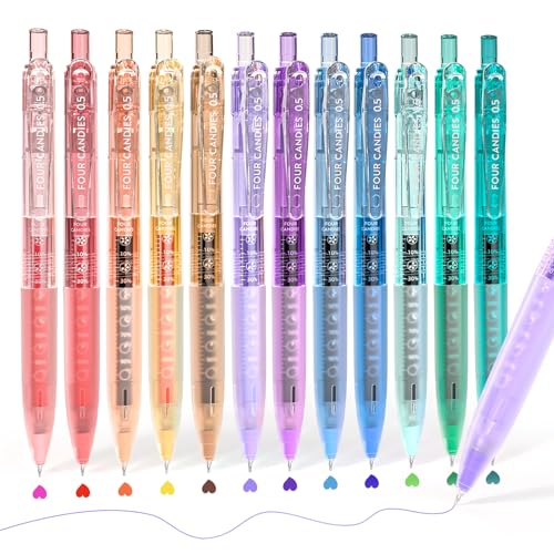 Four Candies 12Pack 0.5mm Quick Dry Retractable Gel Pen Set, Cute Transparent Fine Point Multicolor Note Taking Aesthetic lnk Pens, Comfort Grip 12 Ink Colors Drawing Writing School Office Home - Image 1