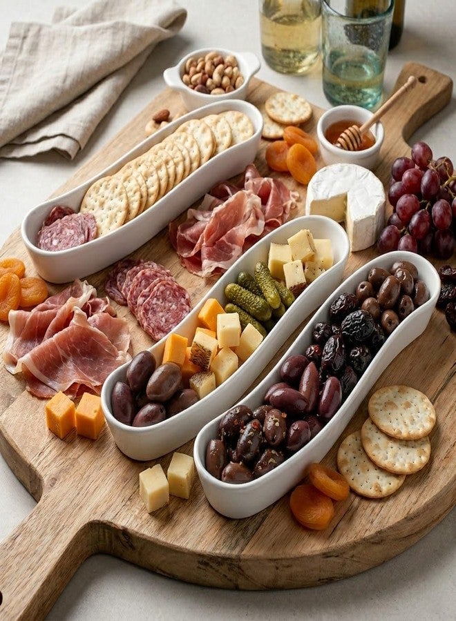 Dizada Olive Plates 3-Pack 12" - White Porcelain Long Arc Boat Trays, Ceramic Appetizer Platter for Charcuterie, Snacks, Entertaining, Dishwasher Microwave Oven Safe - Image 3