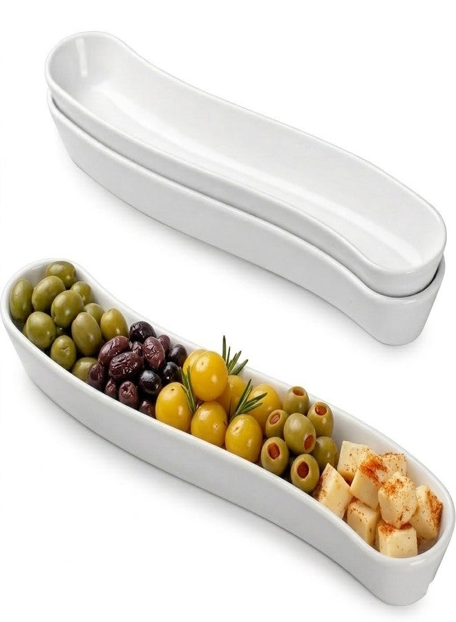 Dizada Olive Plates 3-Pack 12" - White Porcelain Long Arc Boat Trays, Ceramic Appetizer Platter for Charcuterie, Snacks, Entertaining, Dishwasher Microwave Oven Safe - Image 1