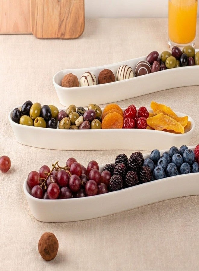 Dizada Olive Plates 3-Pack 12" - White Porcelain Long Arc Boat Trays, Ceramic Appetizer Platter for Charcuterie, Snacks, Entertaining, Dishwasher Microwave Oven Safe - Image 2