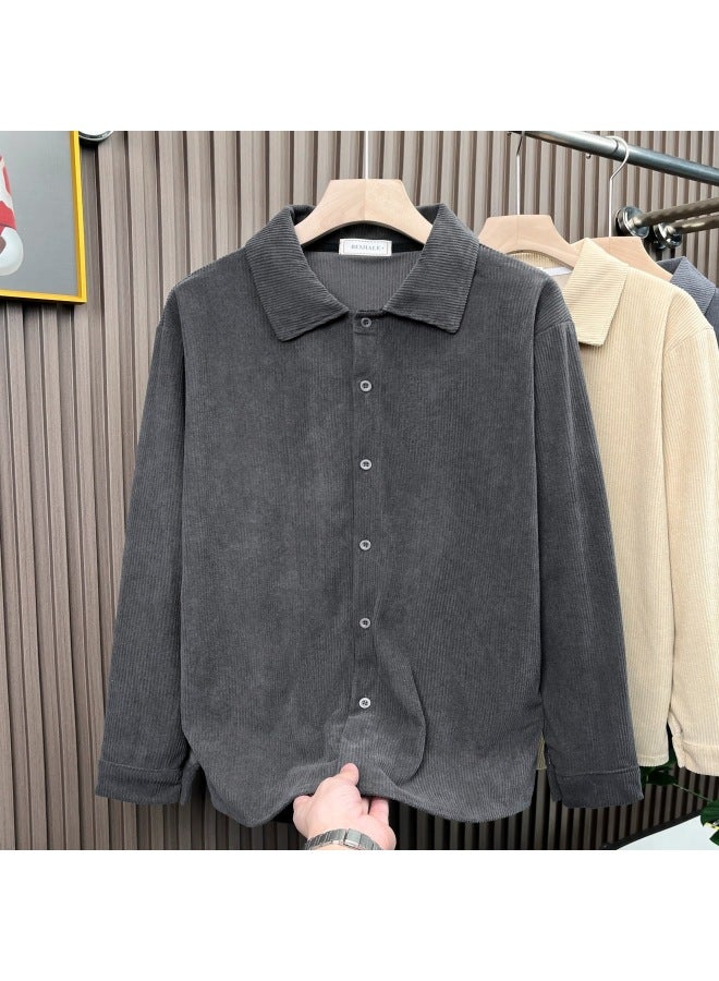 Spring And Autumn Hong Kong Style Loose Shirt Jacket Plus Fat Corduroy Shirt Men's Long-sleeved Trendy Casual Top