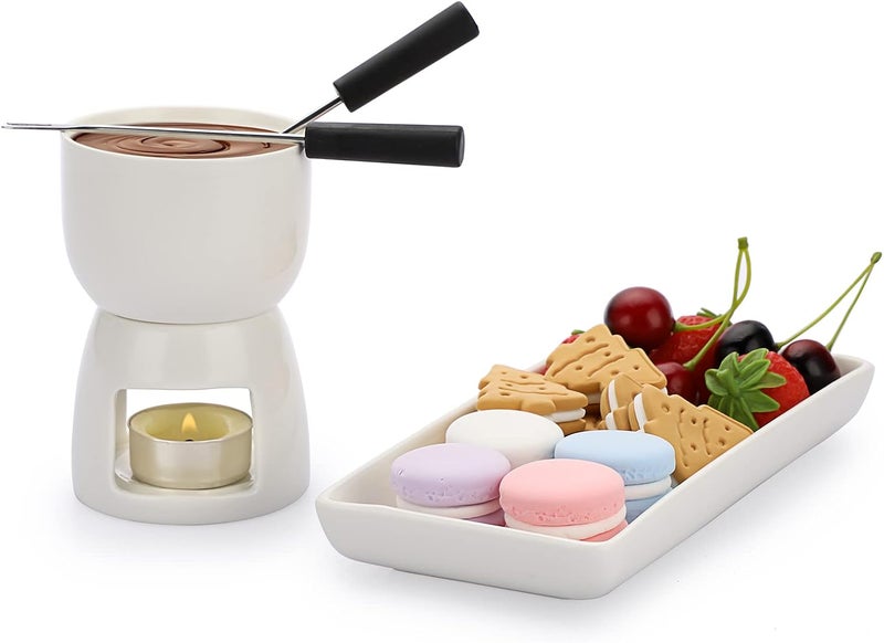 BSTKEY 150ML Ceramic Butter Warmer Set with Ceramic Rectangle Dish, Mini Fondue Pot Melting Pot Set, Melt Hot Pot Bowl Set For Cheese Chocolate Butter Caramel, with 2 Forks - Image 1