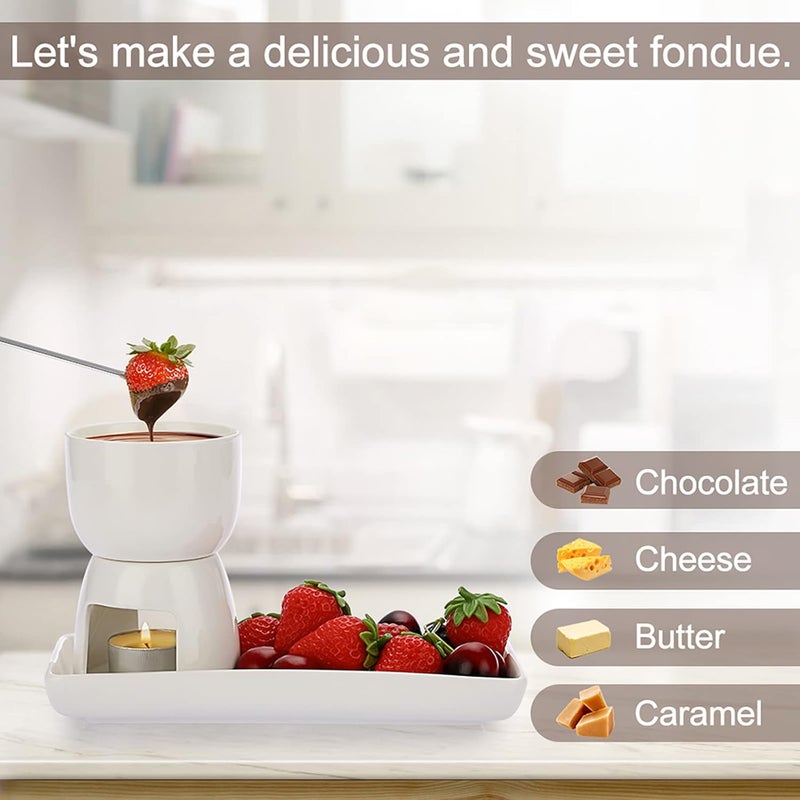 BSTKEY 150ML Ceramic Butter Warmer Set with Ceramic Rectangle Dish, Mini Fondue Pot Melting Pot Set, Melt Hot Pot Bowl Set For Cheese Chocolate Butter Caramel, with 2 Forks - Image 3