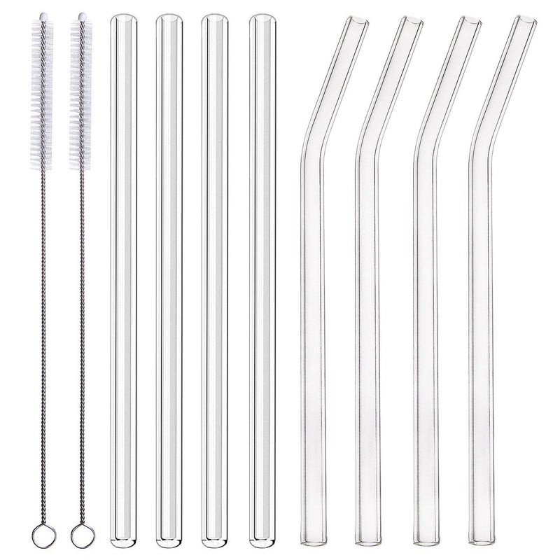 ALINK Glass Smoothie Straws 10 x 10 mm Long Reusable Clear Drinking Straws Pack of 8 with 2 Cleaning Brush