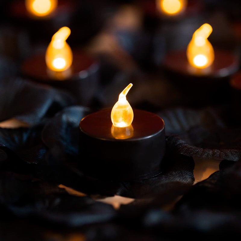 LANKER 500PCS Black Artificial Rose Petals with 24PCS Black Battery Operated Flickering Flameless Tea Lights Candles (Black Tea Lights with Black Rose Petals) - Image 1