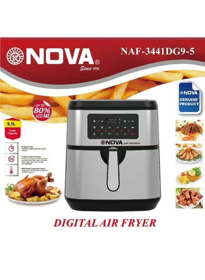 Nova NAF-3441DG9-5 Digital Air Fryer 9.5L Large Capacity, 1600-1800W Oil Free Cooker with Touch Control, 50-200°C Adjustable Temperature, 60-Minute Timer, Non-Stick Basket for Family Cooking - Image 1