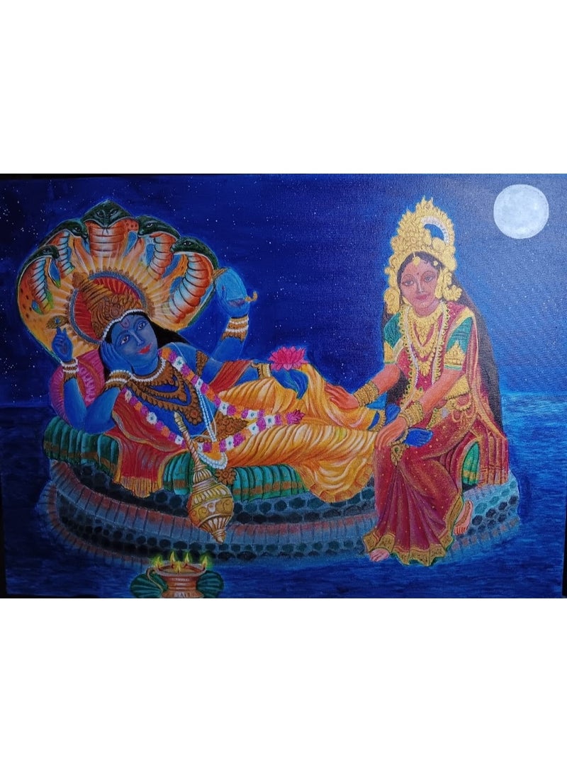 Traditional Hindu Wall Painting: Lord Vishnu & Goddess Lakshmi on Sheshnag