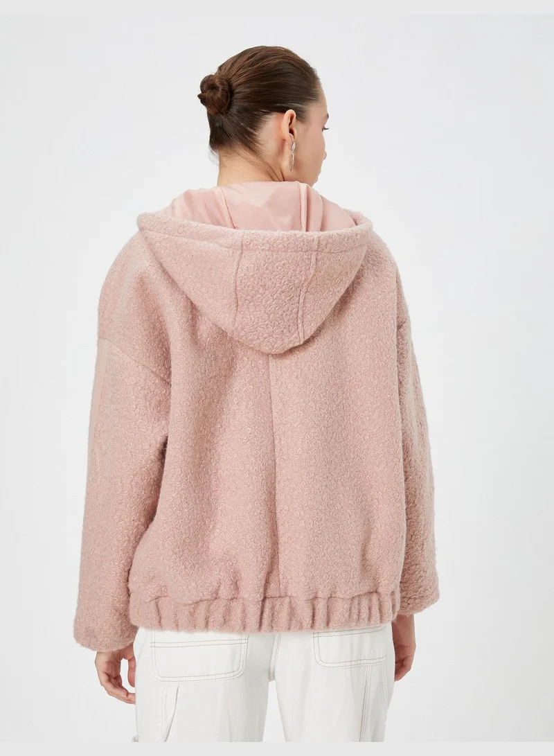 KOTON Shearling Bomber Jacket Oversized Hooded Pockets