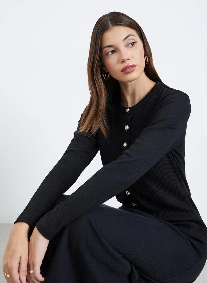 Styli Styli Black Ribbed Knit Buttoned Top