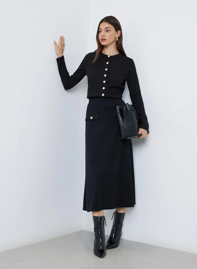 Styli Styli Black Ribbed Knit Buttoned Top