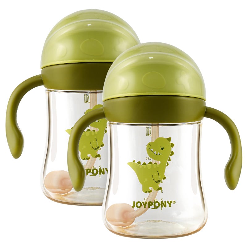 Joypony Sippy Cups for Toddlers 1-3, Spill Proof Weighted Straw Cup with Handle for Baby 6 Months + old, 2 Pack, Total 4 Silicone Straws, PPSU, BPA Free, 9 oz (Green) - Image 1