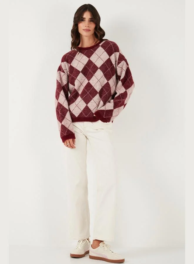 Lela Lela Baklava Patterned Oversize Crew Neck Soft Textured Sweater Women's SWEATER 4616262