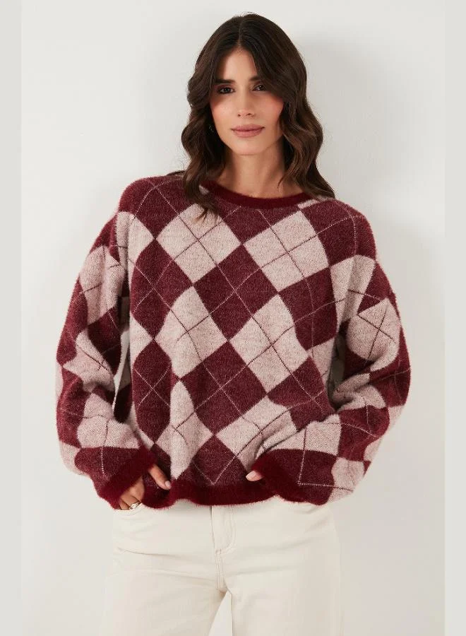 Lela Lela Baklava Patterned Oversize Crew Neck Soft Textured Sweater Women's SWEATER 4616262